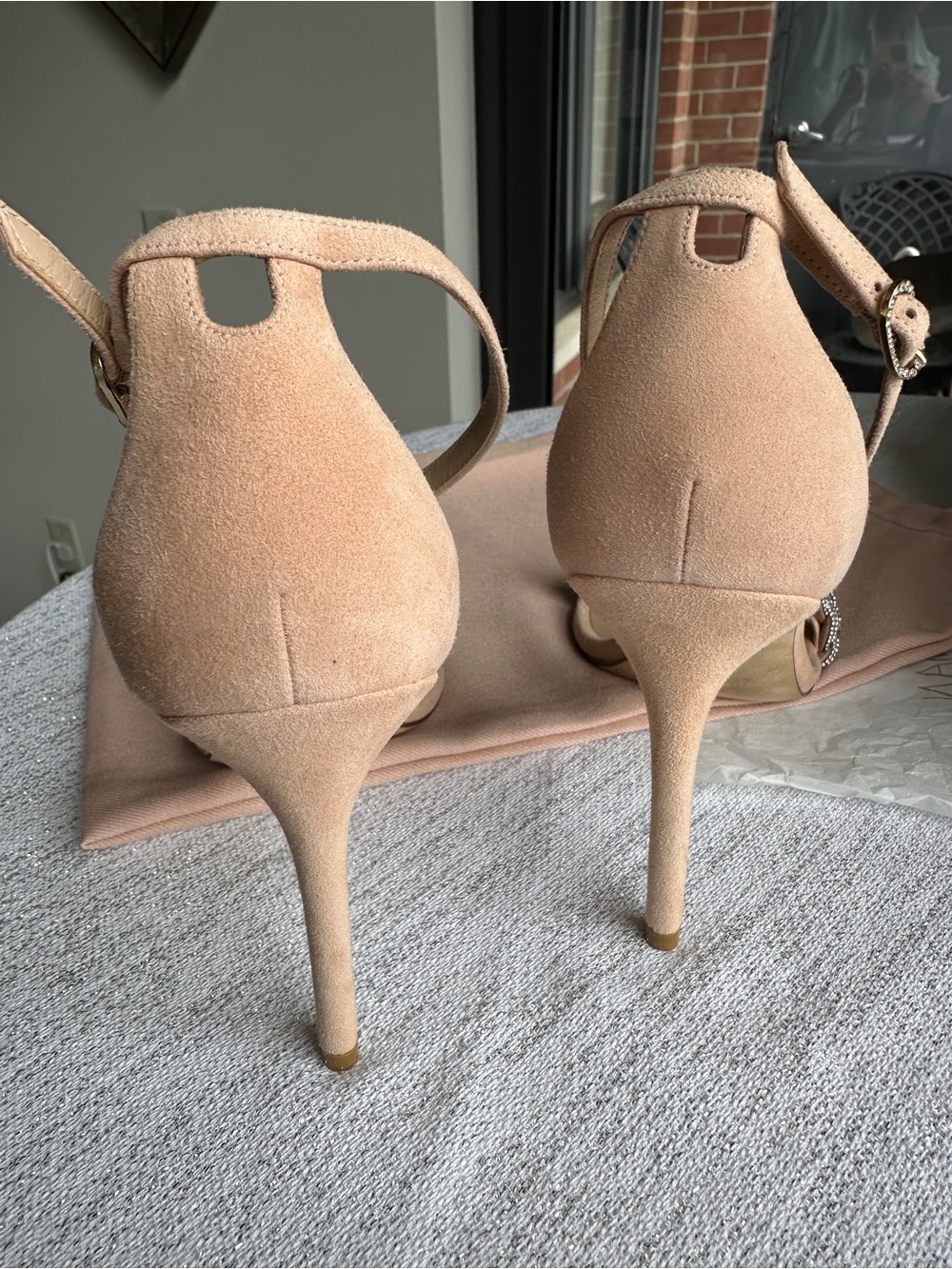 Stuart Weitzman Nude Beaded Ankle-Strap Heels - Picture 9 of 14